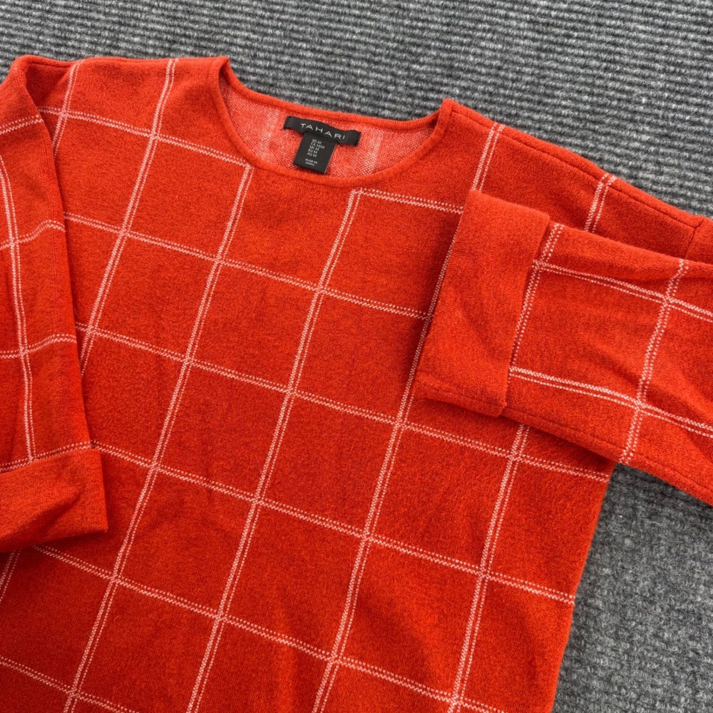 Tahari Womens Medium Orange Windowpane Grid Knit 3/4 Sleeve Sweater Top